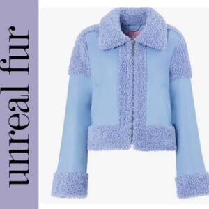 NWT Free People x UnReal Fur Corfu Faux Leather Aviator Jacket blue S